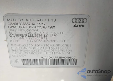 2011 Audi Q5 3.2 Premium Plus z USA, uszkodzony, nr VIN WA1DKAFP2BA049827